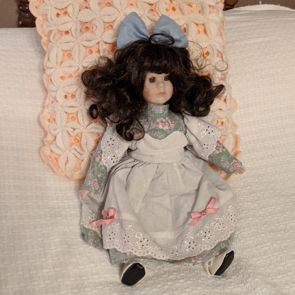 Doll Vintage Porcelain With Soft Body Dark Curly Hair